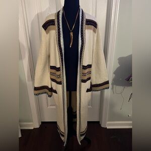 Do Everything in Love Cream Sweater Duster  Long Cardigan with Brown Trim M/L